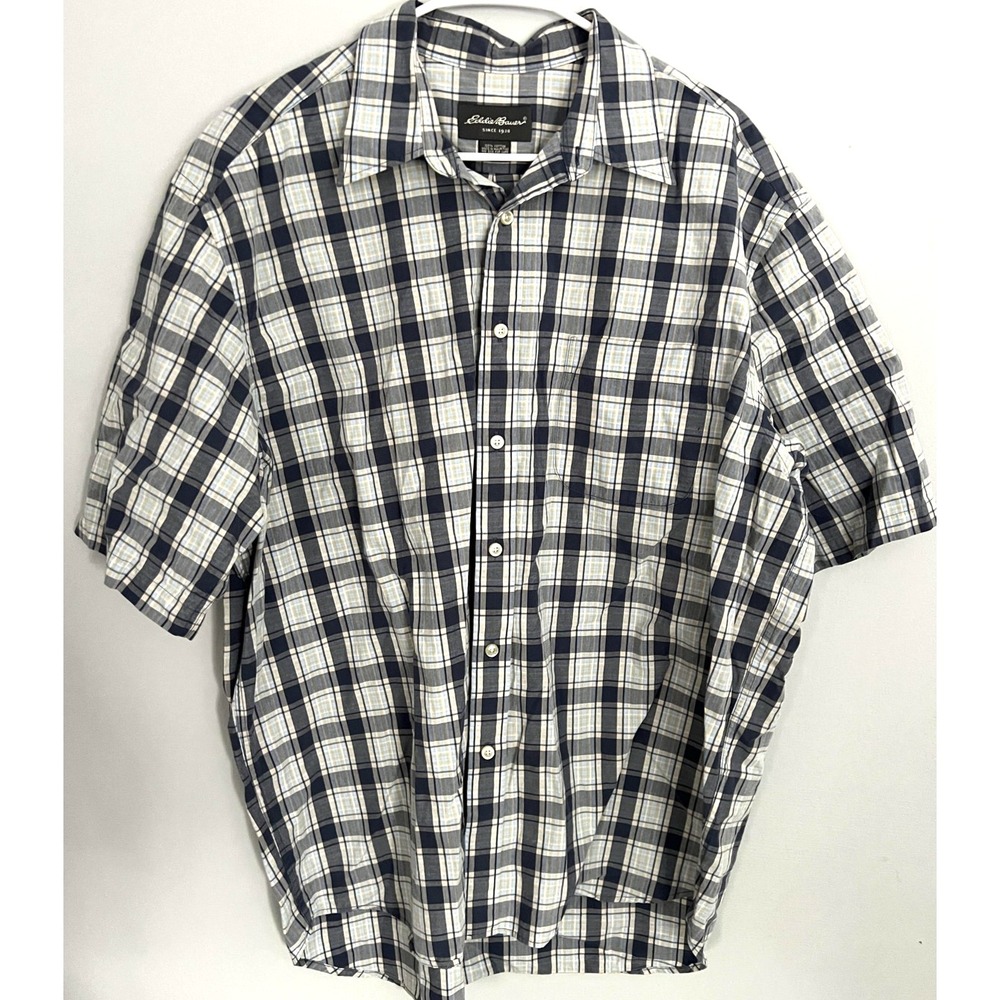 Eddie Bauer Shirt Mens XL Blue Gray Plaid Short Sleeve Button Down Cotton Casual